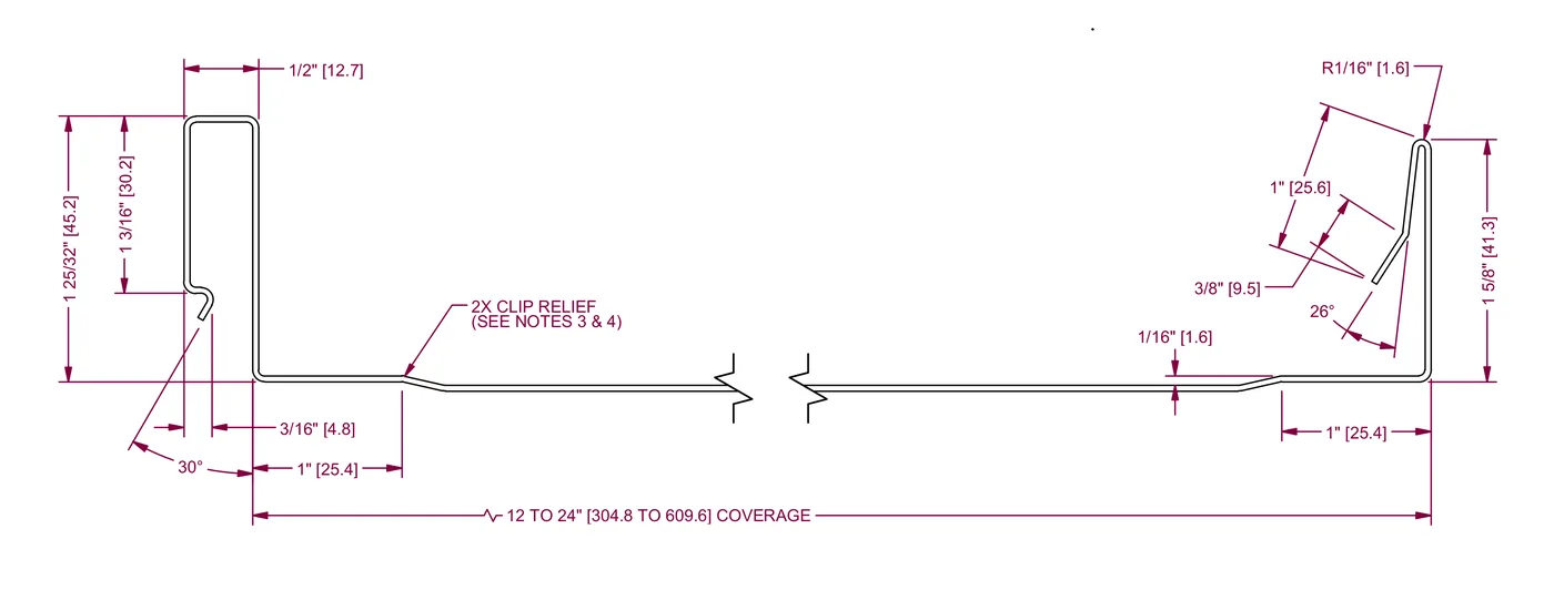Standing Seam (Hemloc) profile drawing with dimensions
